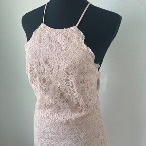 Dessy Collection Halter Criss Cross Open-Back Lace Trumpet Gown, Sz 2 & 8